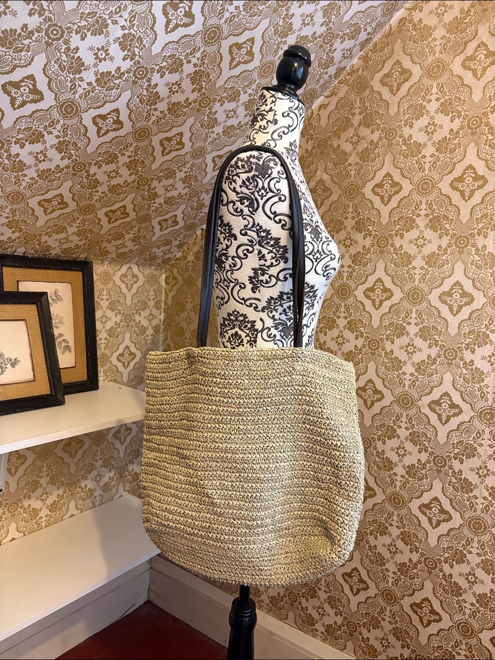 Eddie Bauer Woven Natural Fiber Tote Bag Leather Handles Boho Beach